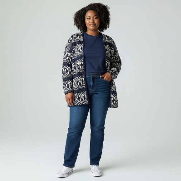 Kim Rogers Sweaters - Kim Rogers Cardigan Womens Med Navy Aztec Open Cardigan Boho Cozy Soft Geometric